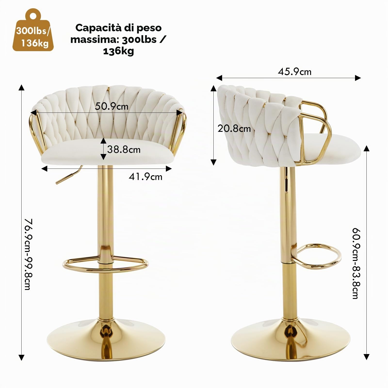 Set 2 Sgabelli da bar Velluto,Schienale intrecciato Bianco Crema