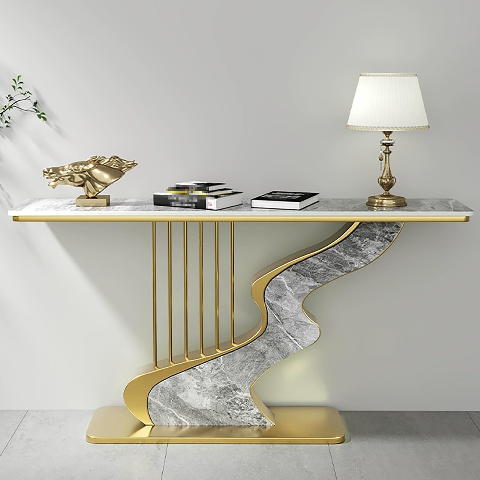 Modern Console Table, Sofa Table Behind Couch, Metal Base, Narrow Entryway Tables with Stone Slab Storage Top, Hallway Tables for Entrance Foyer(Gold D,150cm/59in)