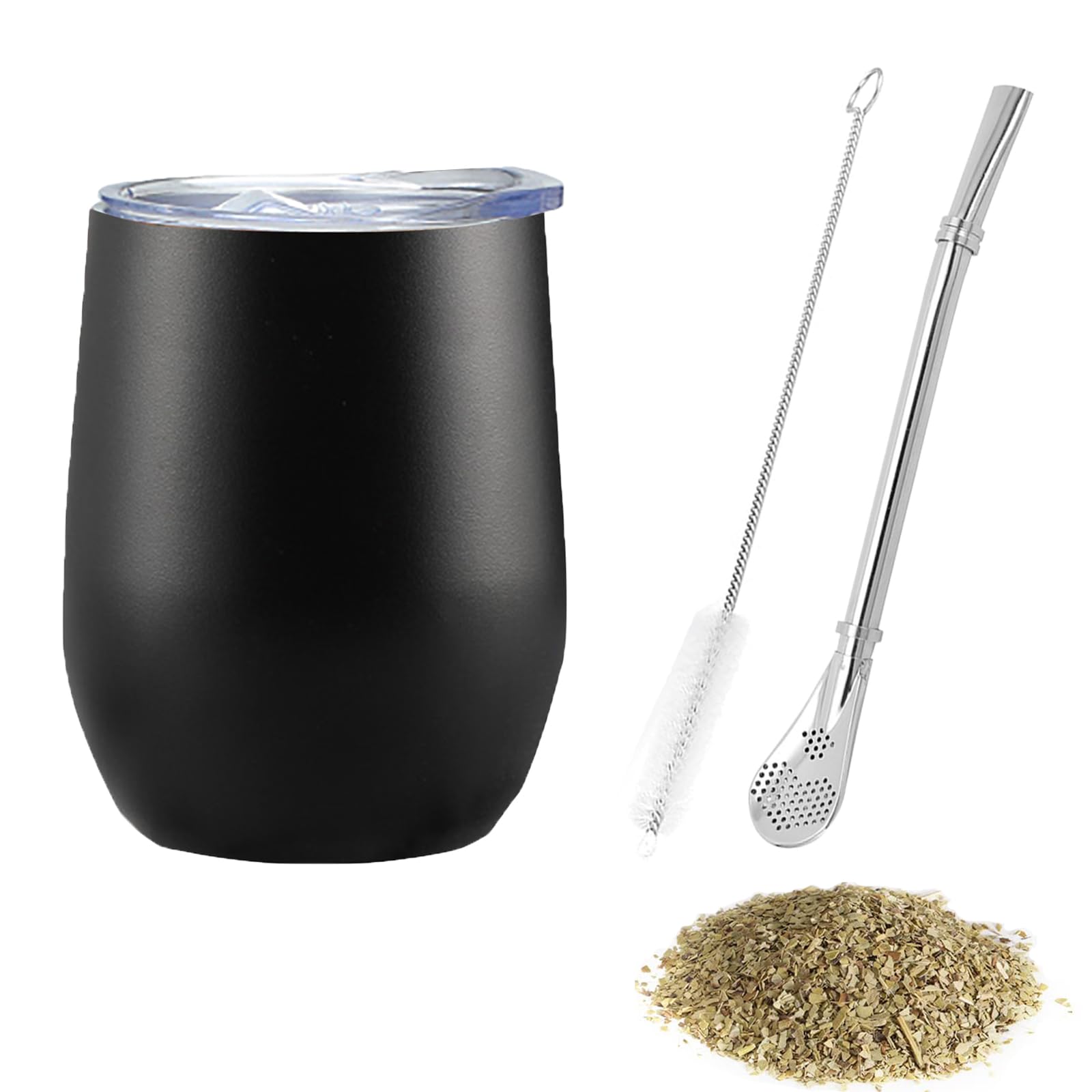 SVUPUE Yerba Mate Cup, Yerba Mate,Double-Wall Yerba Tea Set, Yerba Cup, with Straw Spoon and Cleaning Brush, for Yerba Mate Drink, Coffee, Milk and Juice, Black,12oz(Egg Shape)