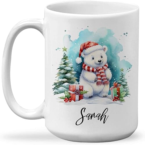 Taza de regalo de invierno personalizada, taza de café con nombre personalizado con diseño de oso polar, taza de oso polar personalizada, regalo