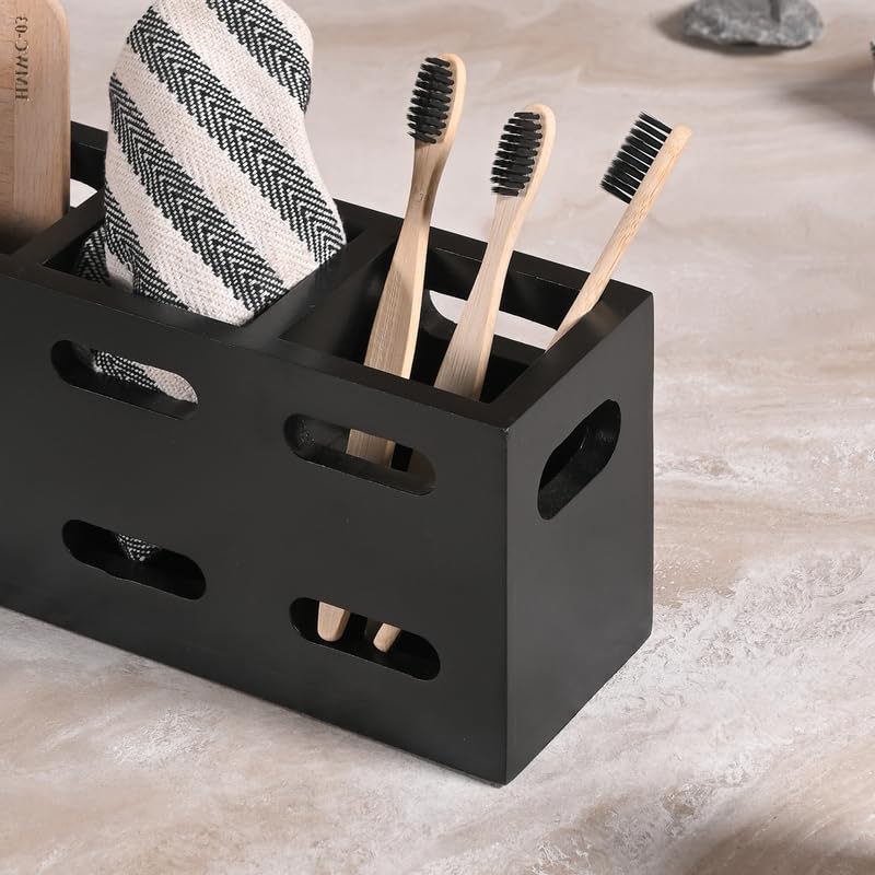 Image of Wooden Cutlery Holder for Kitchen - Cutlery and Tissue Holder for Dining Table | Spoon and Fork Organizer with Ventilated Design | Perfect for Gifting - Black
