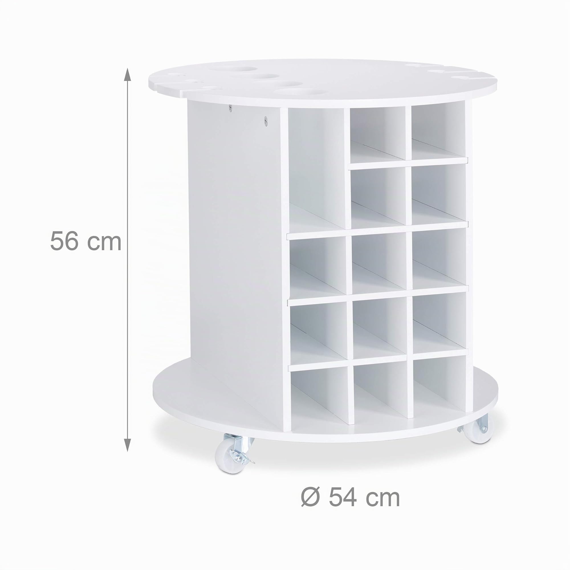 Relaxdays Mobile Portabottiglie Vino con Ruote Piroettanti, 6 Portabicchieri, Scaffale per 17 Bottiglie, Rotondo, HxD: 56x54 cm, Bianco