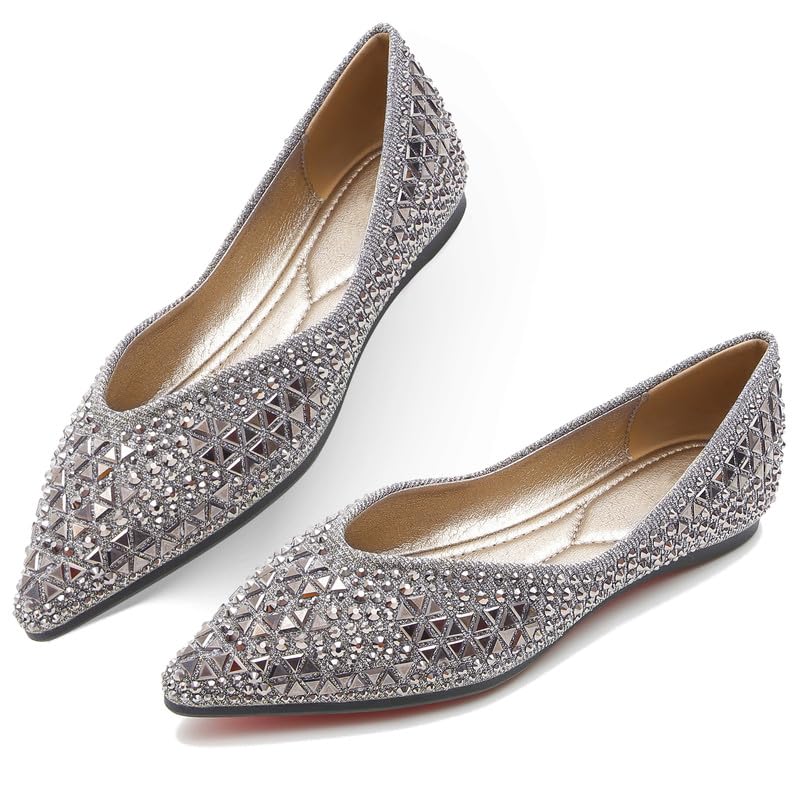 Women's Pointed Rhinestone Flat Shoes Wedding Comfortable Soft Memory Foam Insole Flat Shoes for Women Comfortable Dress Shoes 7.5 Golden2