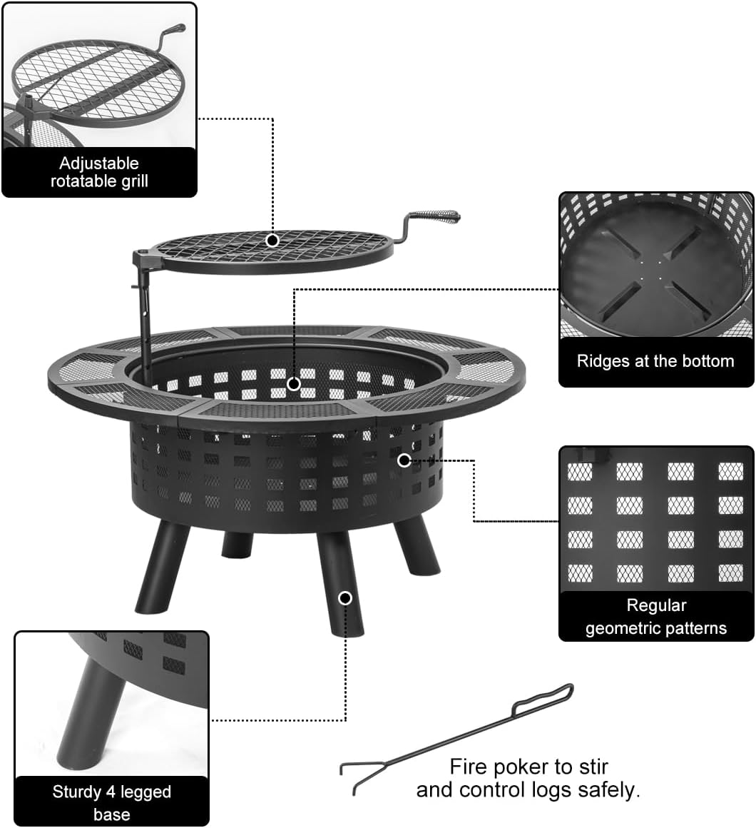 Verdeluxe 36 inch Outdoor Fire Pit with Grill,Wood Burning Fire Pits for Outside with Lid & Fire Poker,Metal 3-in-1 Firepit Table with Cooking Grate,Outdoor Firepit for Yard,Bonfire,Patio(Charcoal)