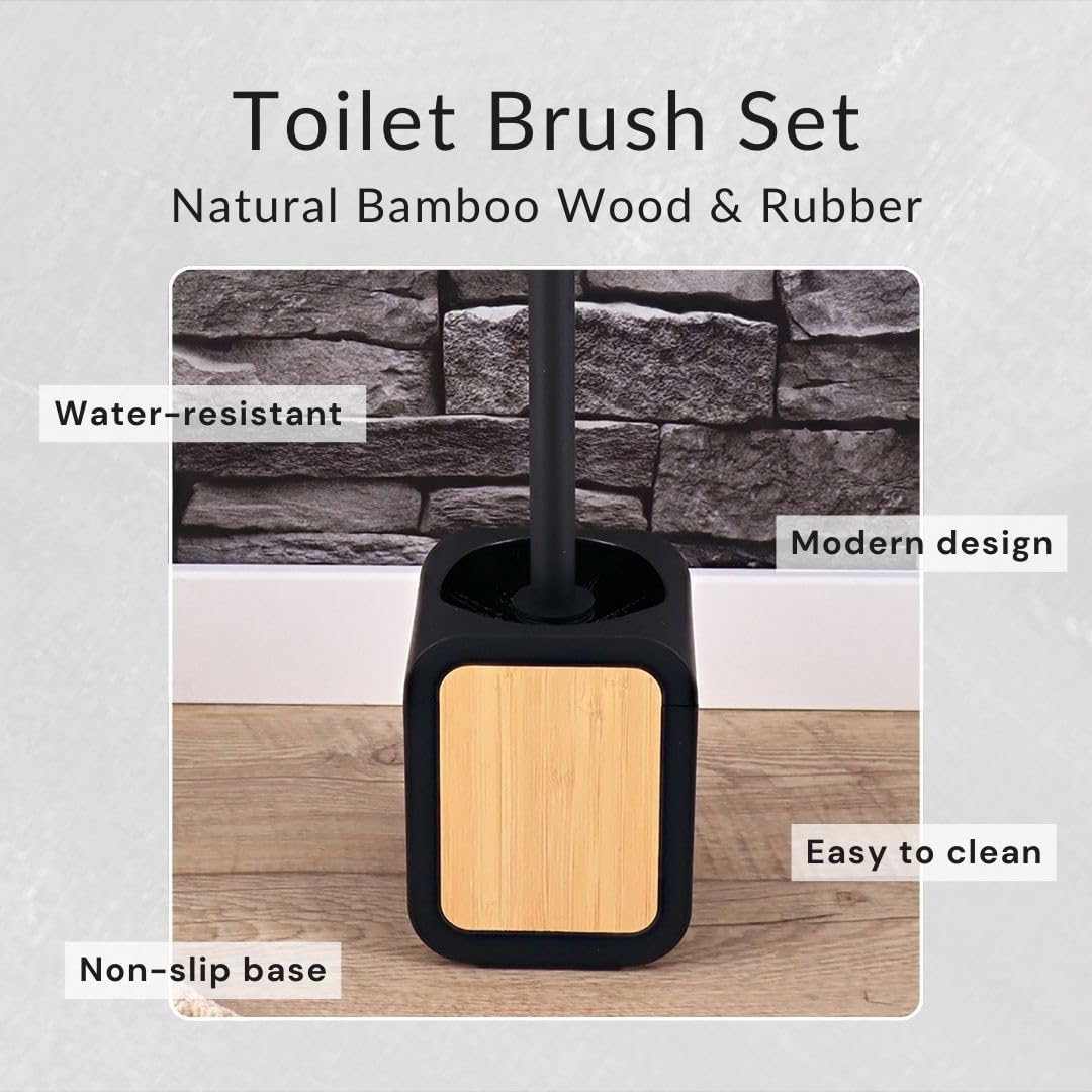Toilet Brush and Holder Black Rubber and Bamboo – Compact Bathroom Cleaning Set for Deep Cleaning – Ideal for Modern or Contemporary Spaces