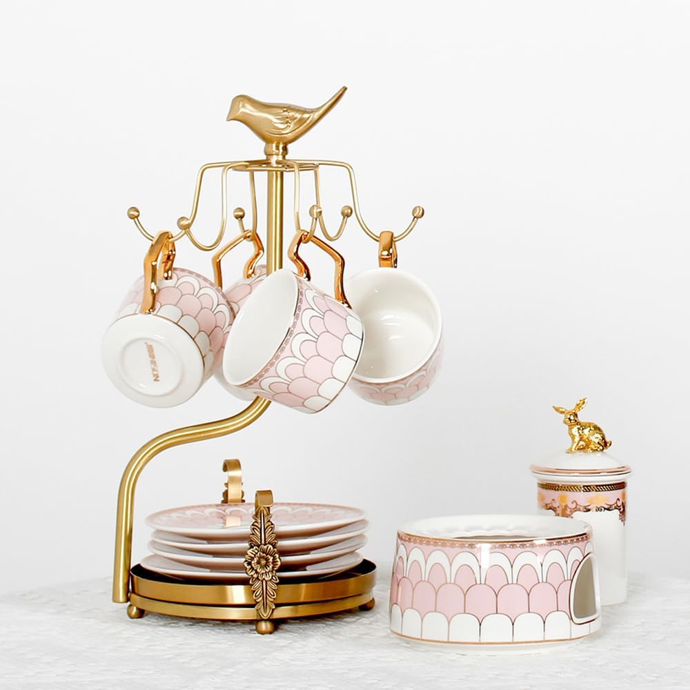 Solid Brass Mug Rack Tree Luxury Mug Holder with Bird Decor for Home or Office Kitchen Counter Organizer,Gold