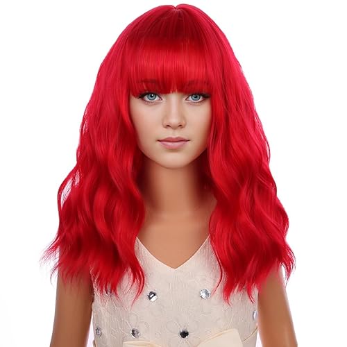 Peluca roja corta ondulada roja con flequillo, peluca roja para niñas, resistente al calor, pelo sintético (rojo)