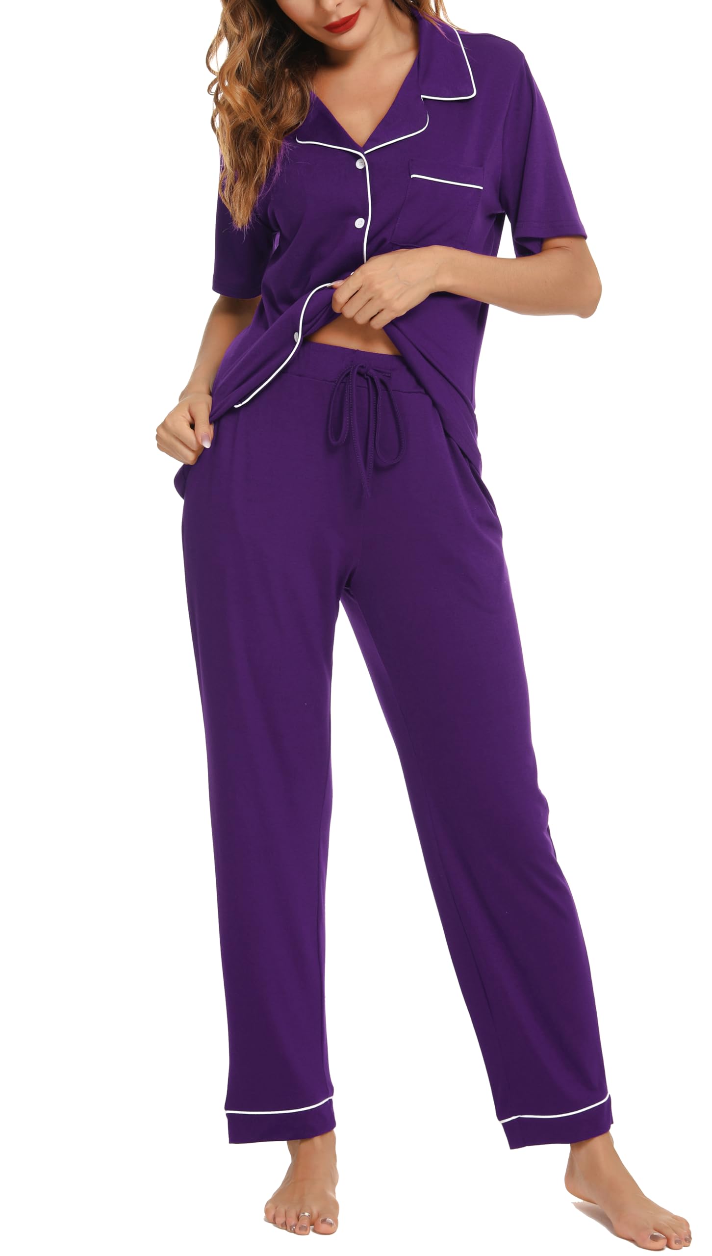 Lovasy Pigiama Donna Estivo Set,Corta Pigiama Camicia con Bottoni sul Bavero Comodo Pantaloni Lunghi Traspiranti Pigiama da Casa Casual in Due Pezzi S-XXL