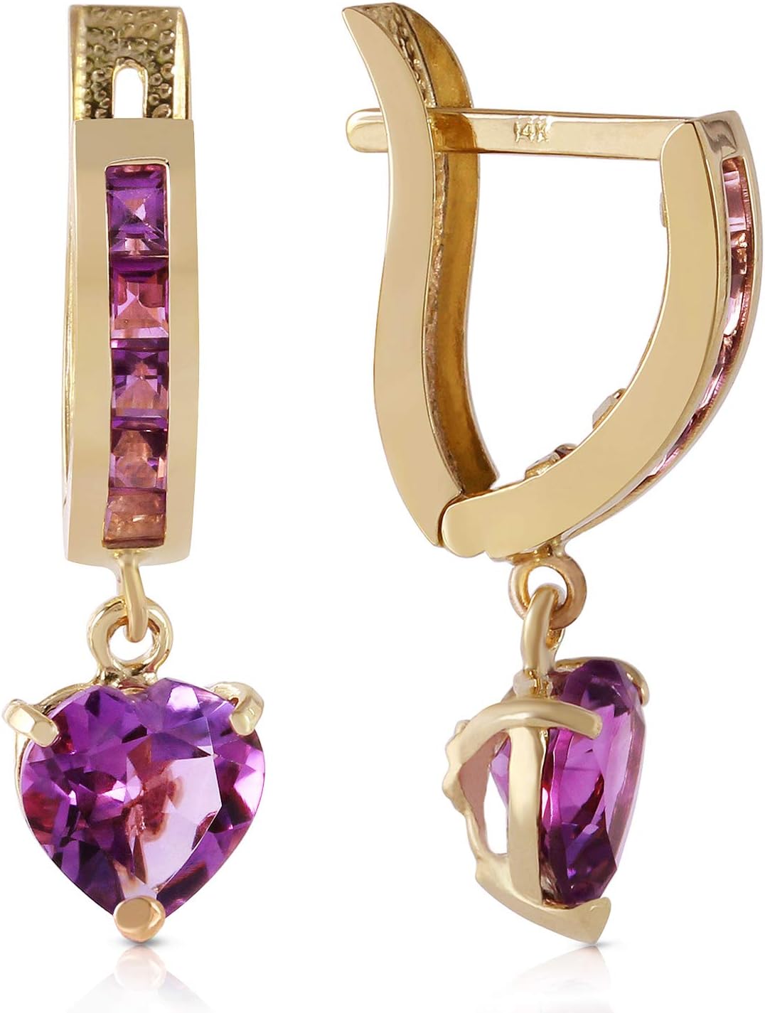 3.2 Carat 14k Solid Gold V-shape Hoop Earrings Heart Amethyst