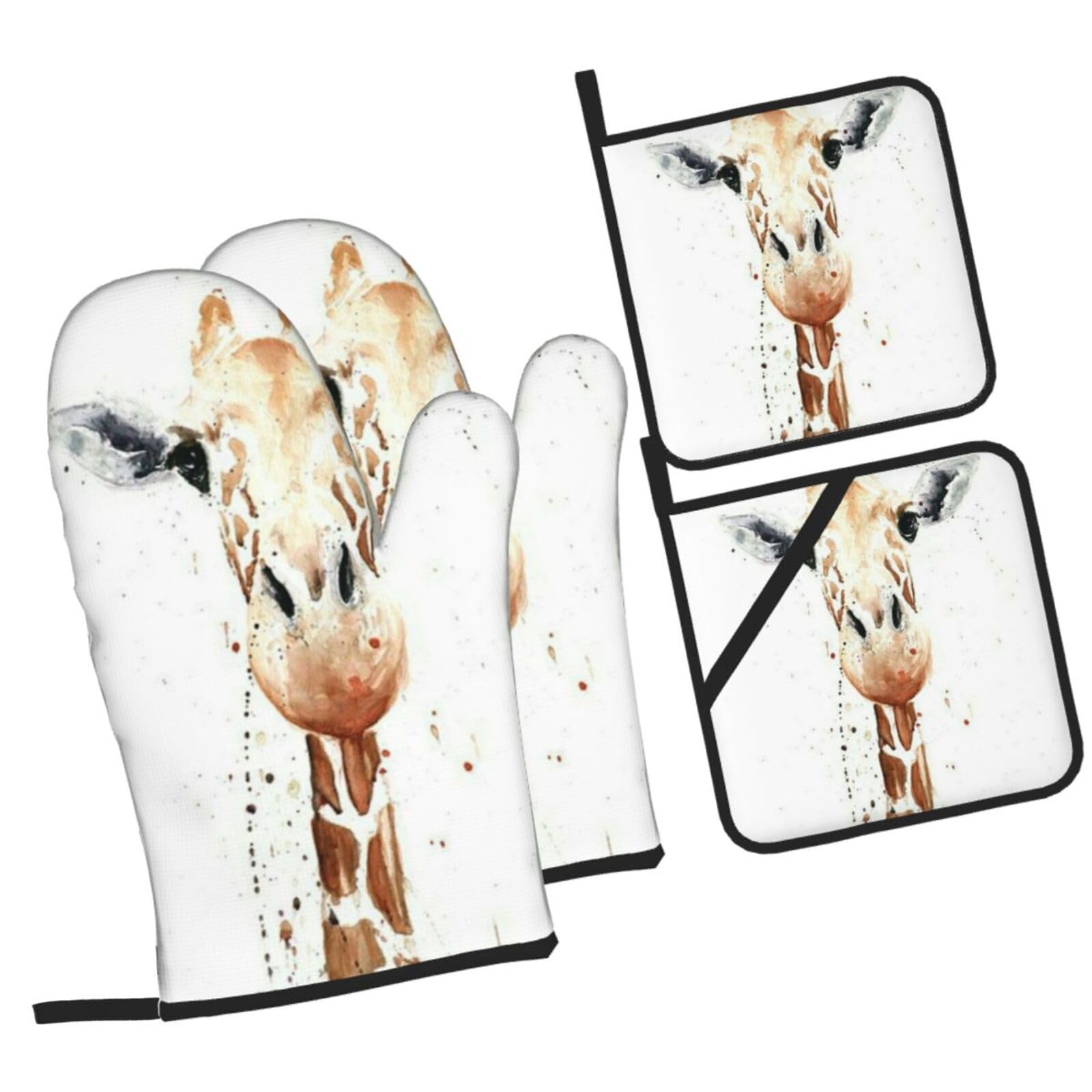 giraffe Printed Oven Mitts and Pot Holders Heat Resistant Set of 4 Pcs, Modern Kitchen Gloves & Potholders for Cooking Baking Grilling
