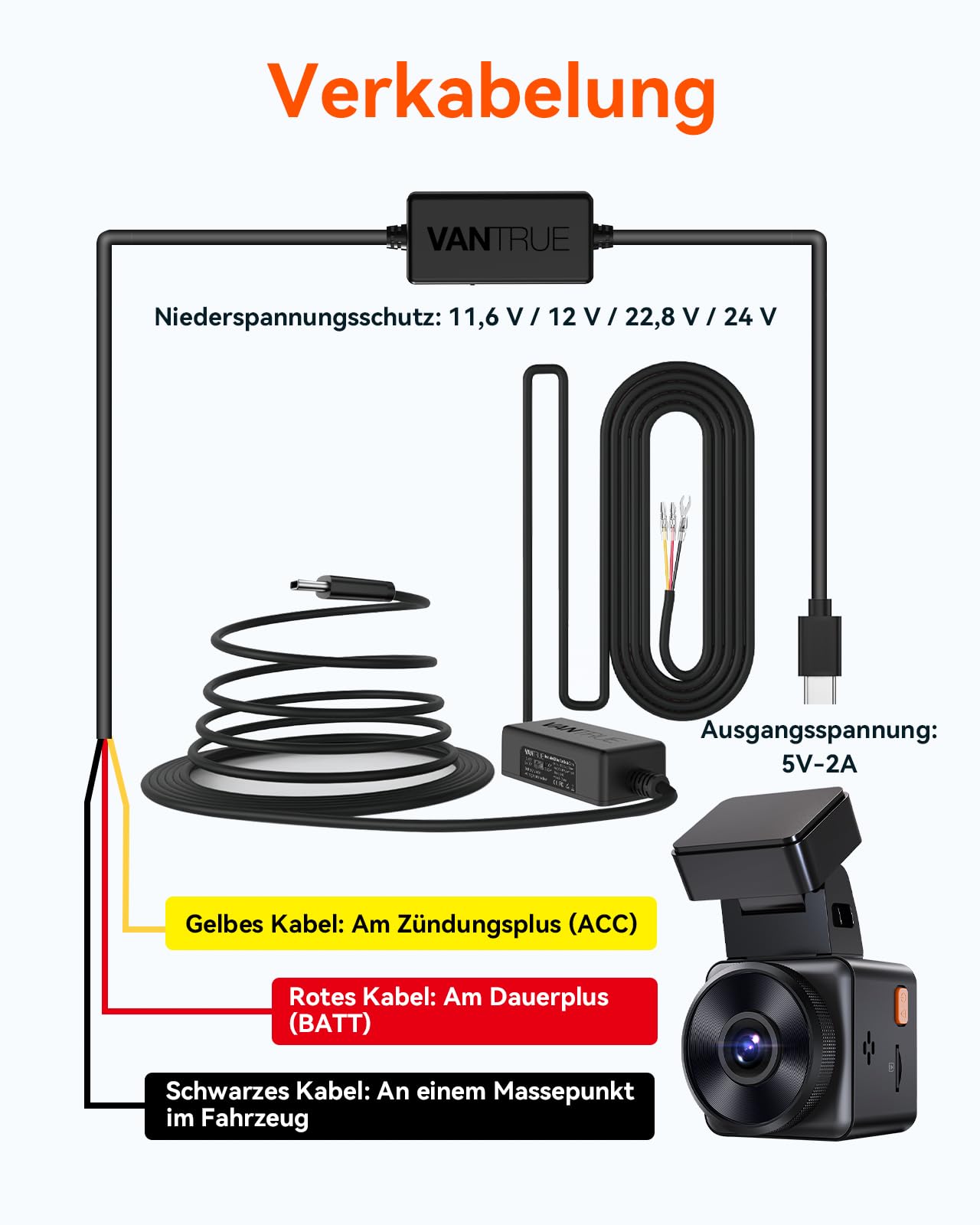 VANTRUE USB-C Hardwire Kit mit 2 Stufen und Acc Kabel für alle Dashcams, 12V/24V zu 5V, Sicherungshalter mit Niederspannungsschutz, 24Std. Parkmodus, kompatibel mit Anderer USB-C Dashcam