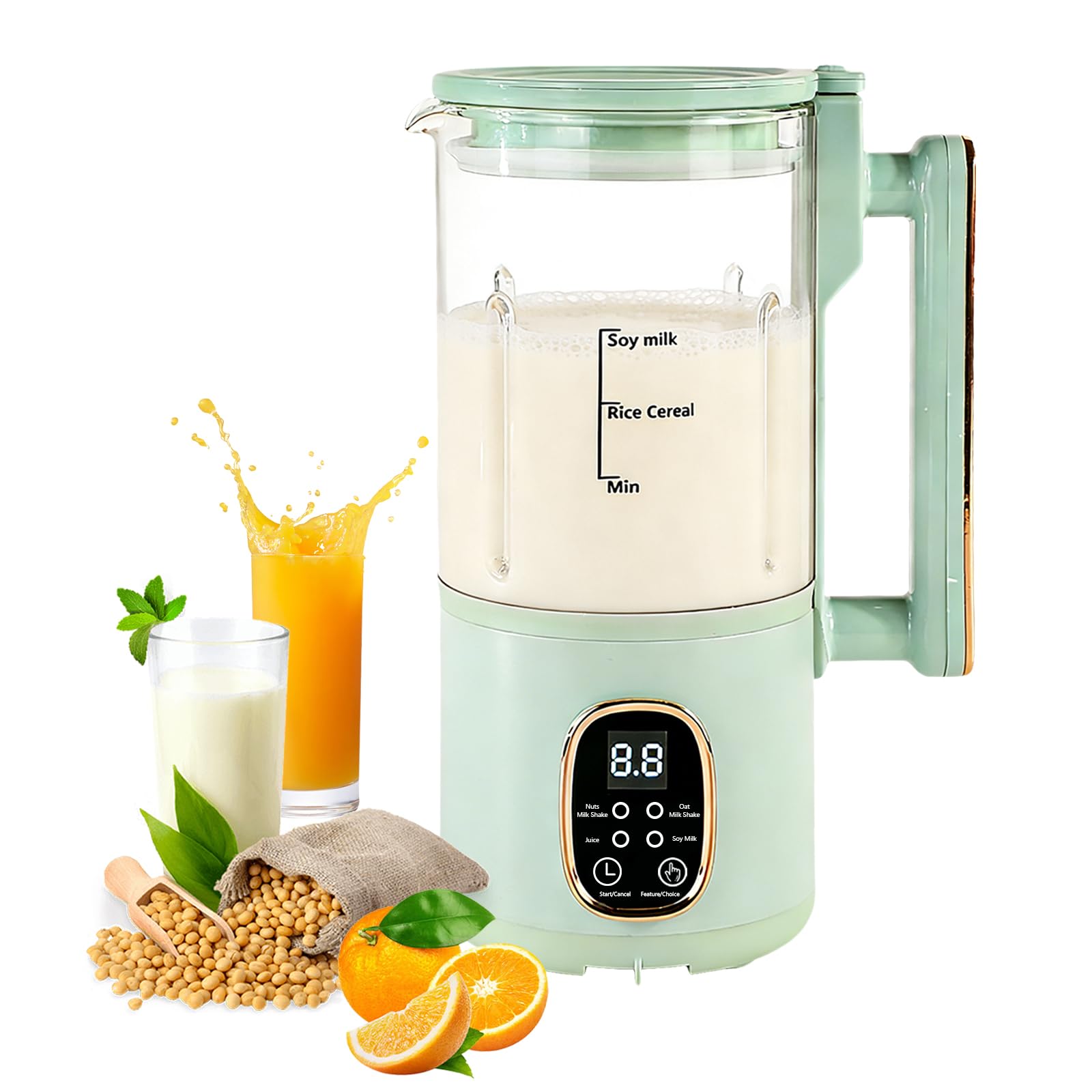 Machine à lait de soja 800 ml, préparateur de lait végétal, tête de broyage inox 20 lames, menus intelligents, sécurité enfant, arrêt automatique, maintien au chaud, auto-nettoyage