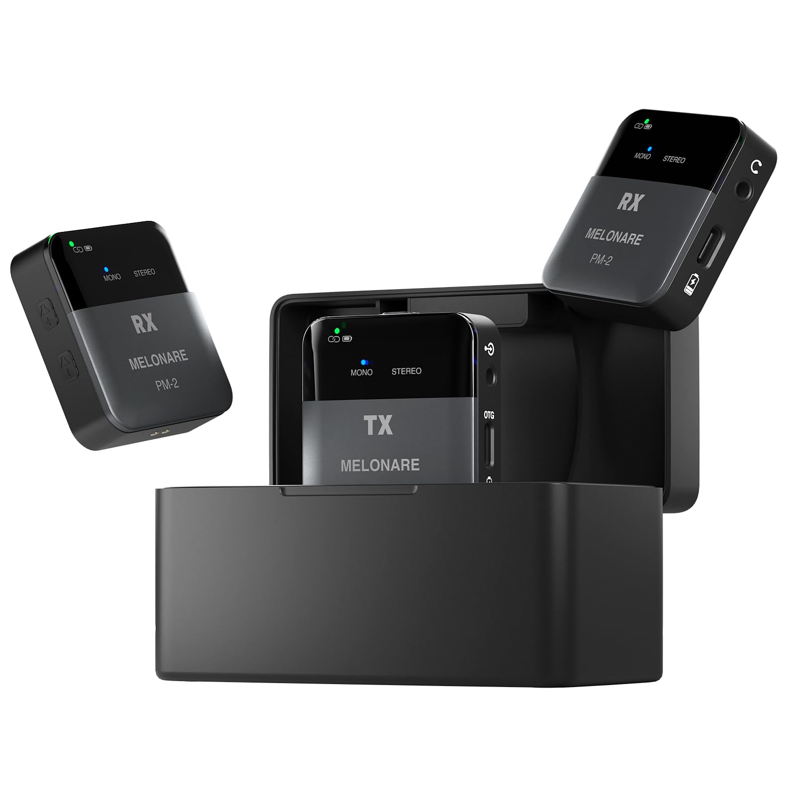 MELONARE PM-2 Sistema di Monitoraggio In-Ear Portatile Senza Fili con Custodia di Ricarica, Trasmettitore e Ricevitore Audio Senza Fili, Audio 24bit/48kHz, Ingresso OTG, Interruttore Mono/Stereo, IEM