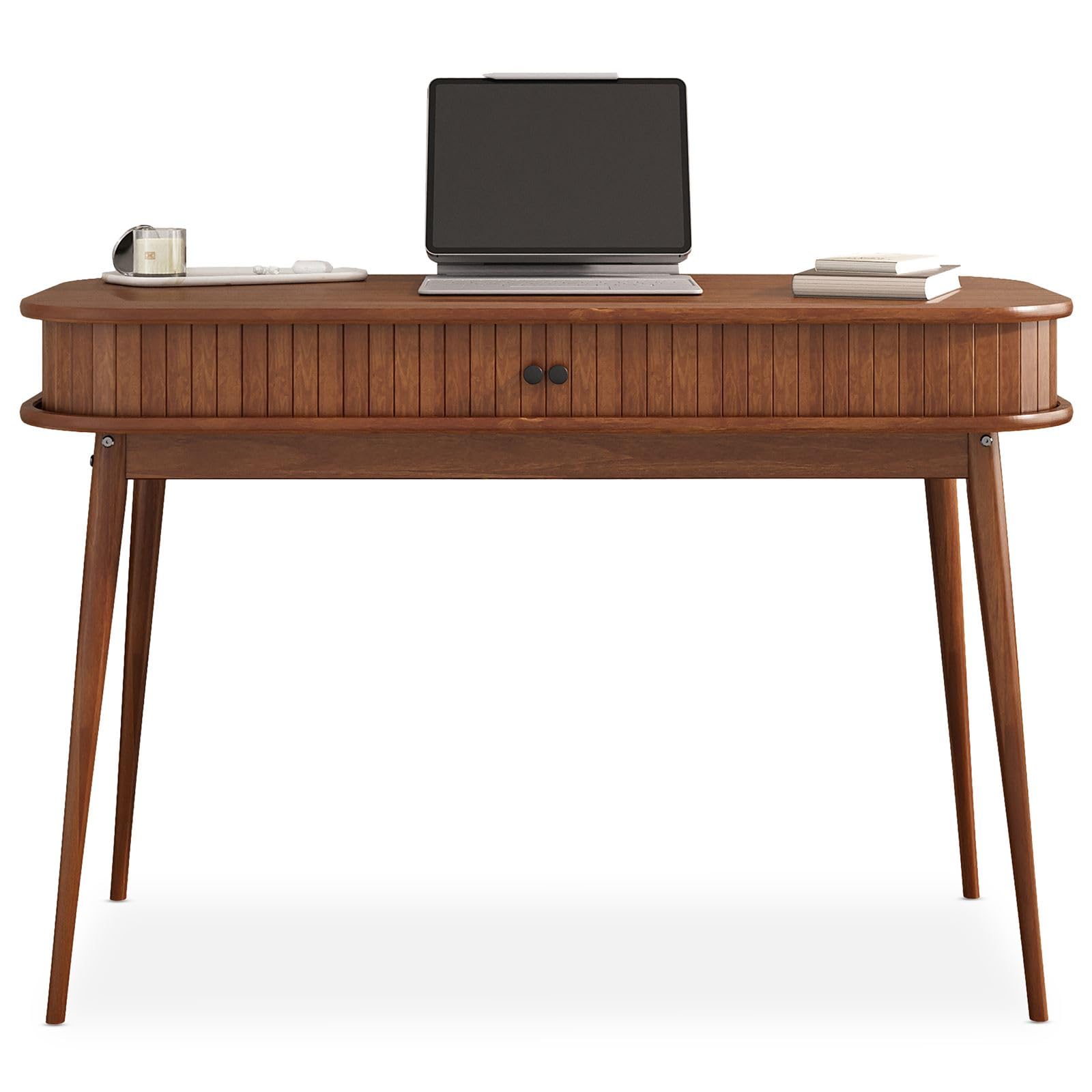 IDIMEX Bureau JARI en Bois Massif, 113 x 75 x 50 cm, Pieds Coniques, façade cannelée, Rangement Pratique avec Porte coullisante, Coloris châtaignier