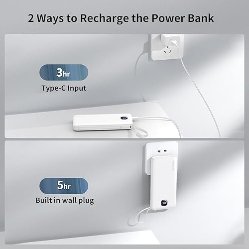 Miniatura 4 de Cargador portátil con cables integrados y enchufe de pared de CA, delgado 10000mAh 22.5W, cargador de energía de carga rápida, 5 salidas y 2