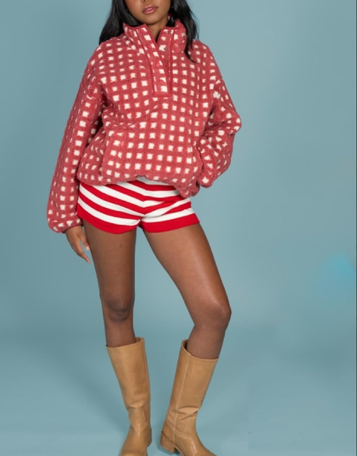 Womens Half Zip Sherpa Striped Fleece Jacket Stand Collar Long Sleeve Drawstring Oversized Sweatshirt Outerwear - Image 3