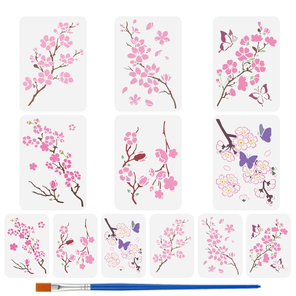 FINGERINSPIRE 12PCS Cherry Blossom Branch Stencils 21x29.7/14x20CM Cherry Blossom Flower Template Flower and Petals Butterflies Pattern Stencils with a Brush for DIY Crafts Home Decor