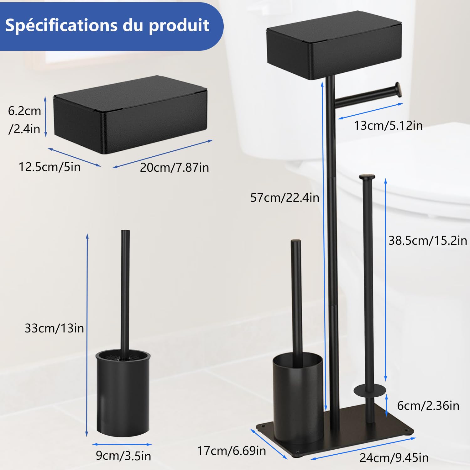 GUIGUZI Porte Papier Toilette avec Brosse WC - Porte Rouleau Debout en Acier Inoxydable, Ensemble Brosse et Dérouleur Papier Aucun Perçage Requis