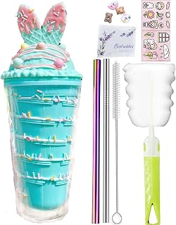 Chocolate Unicorn Travel Tumblers with Straws Ice Cream Bunny Drinkiware Water Bottle Kid Cookie Ear Coffee Mug Reusable Plastic Cup Birthday Gift (ice cream bunny blue w, 450 ml)