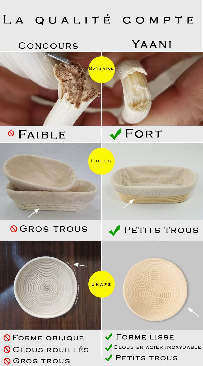 YAANI Lot de 2 paniers à pain ronds de 22 cm et 25 cm ovales pour banneton, corbeille à pain + manche en bois et racleur à pâte avec 5 lames + racleur à pâte en plastique +pour pain à levain