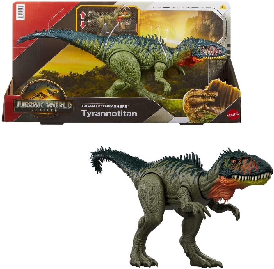 Mattel Jurassic World Rebirth Gigantic Thrashers Tyrannotitian Dinosaur Figure Toy, 2 Tail Activated Rampage Attacks, Digital Play