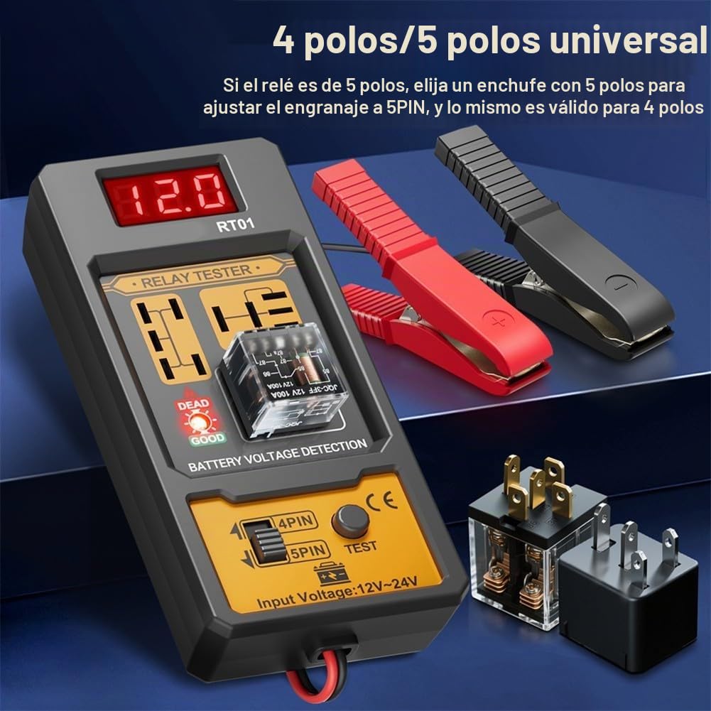 Comprobador de relé de coche de 12 V/24 V. Pantalla LCD con retroiluminación digital, prueba relés de 4/5 pines, compatible con baterías de plomo-ácido/AGM/litio adecuadas para coches, camiones