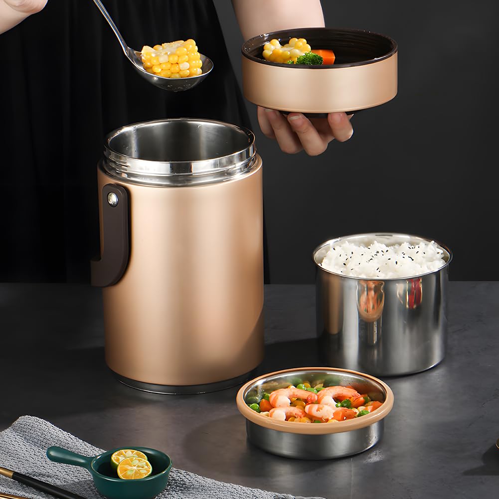 Jenngaoo Barattolo per Alimenti Sottovuoto Bento Box da 2300ml, Contenitore per Il Pranzo per Adulti Isolato Sottovuoto in Acciaio Inox 304 per Cibi Freddi o Caldi(Oro)