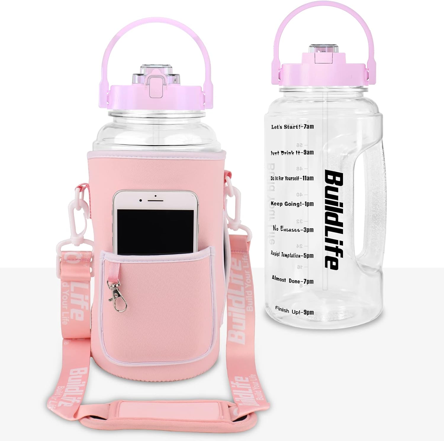 BuildLife Half Gallon Water Bottle with Straw & Storage Sleeve, 1/2 Gallon Water