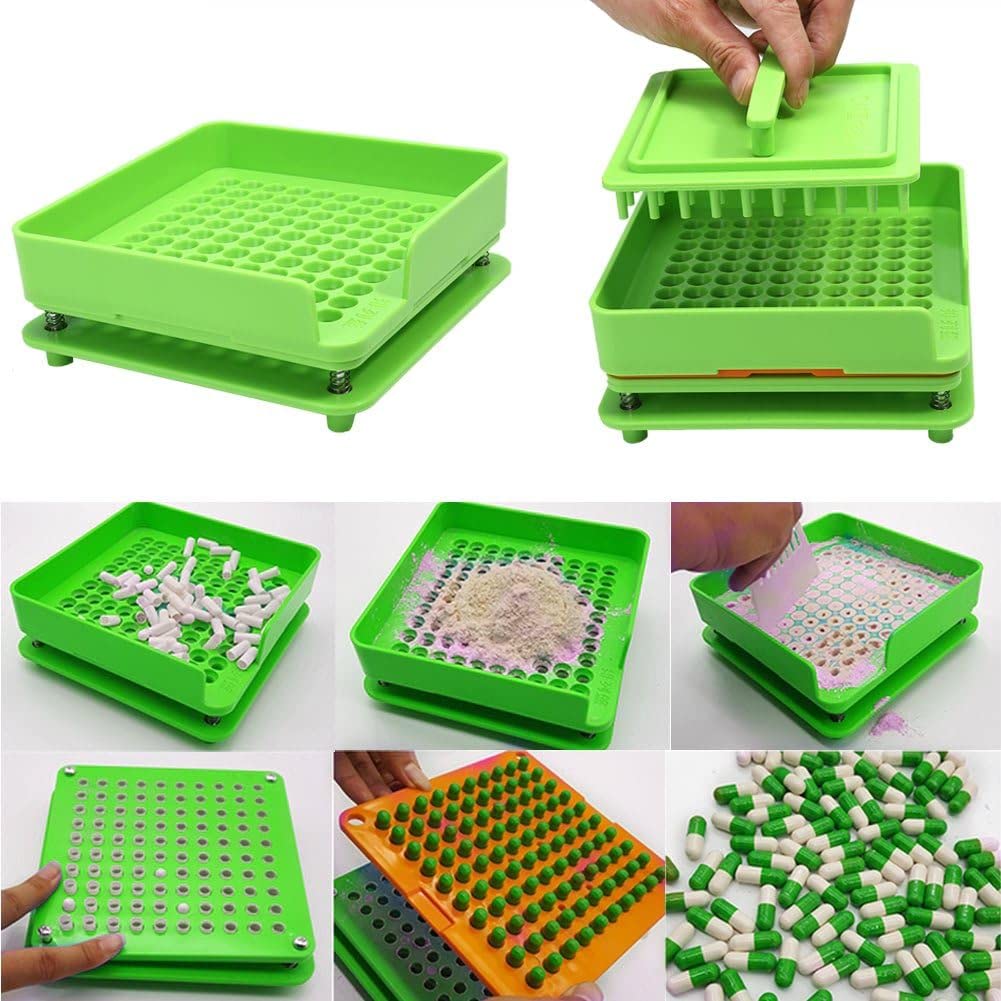 Llenadora Manual de Cápsulas, 100 Orificios, Tamaño 0, Bandeja para Cápsulas de Gelatina Vacías con Placa de Llenado de Polvo, Color Verde