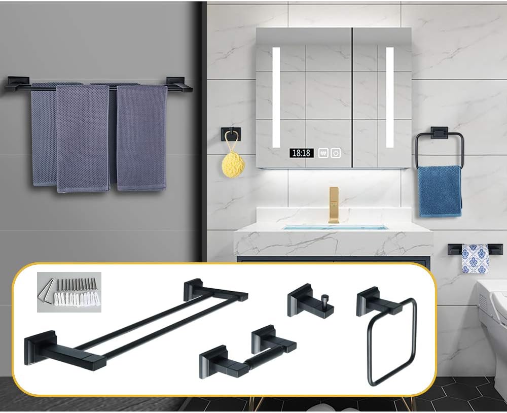 Super Deal Product Alise Bathroom 4-Piece Accessory Set,Double Towel Bar Towel Hook Towel Ring and Toilet Paper Holder Wall Mount,GOY3604B-SET SUS 304 Stainless Steel Matte Black