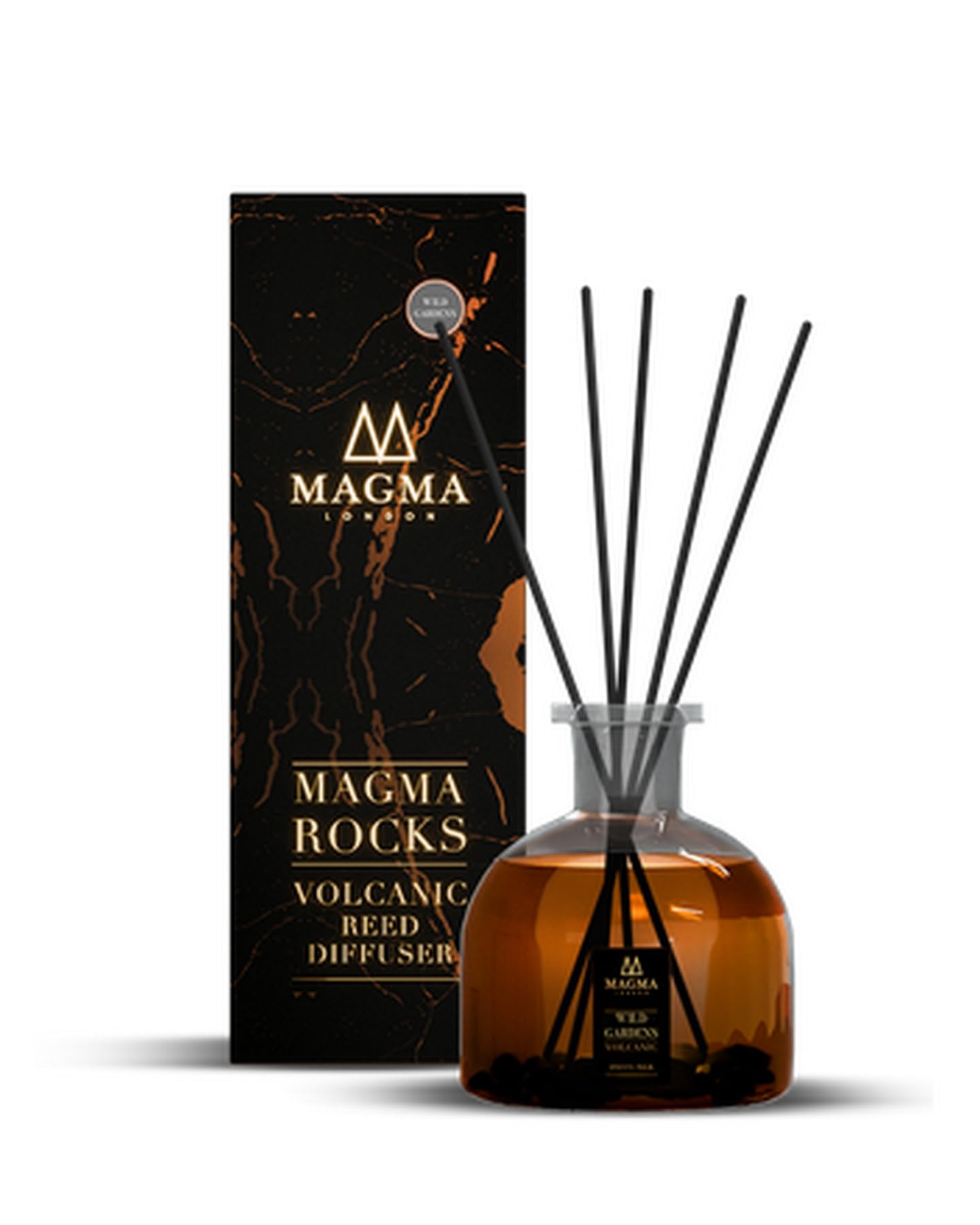 Lavastein Schilfrohrdiffusor - Wild Gardens (Rock Reed Diffuser) - Tabak & Oudh Duft - Organische Aromasteine - Glas & Steinkern - Manuell - 15ml - Mittlere Raumabdeckung