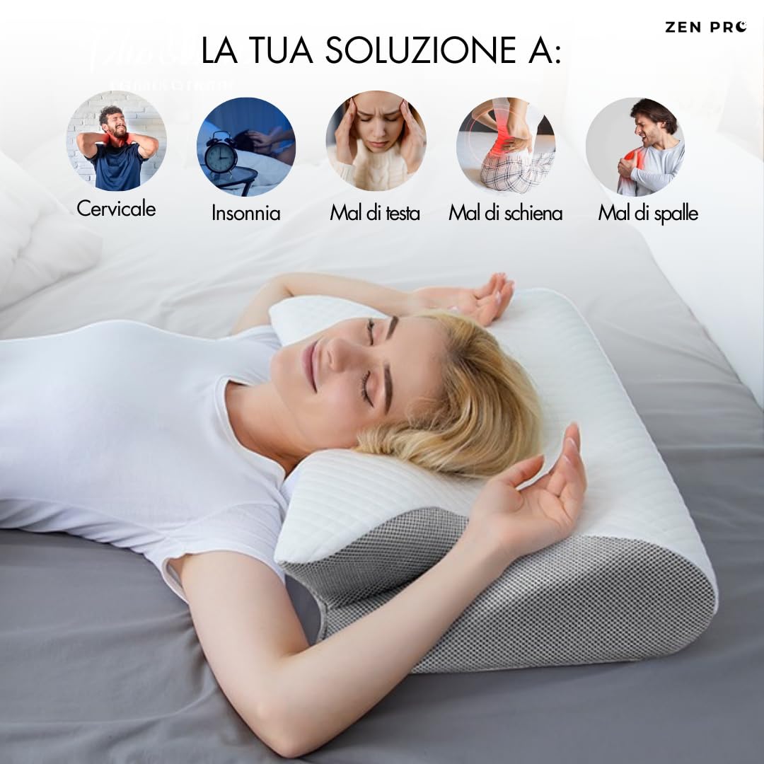MEIION zen-pro Cuscino Ergonomico per la Cervicale 2 in 1 Oreiller ergonomique à mémoire de forme pour le cou, avec housse amovible et lavable