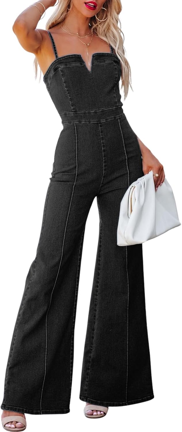 Women's Casual Denim Jumpsuit Sleeveless Adjustable Strap Stretchy Flare Jeans Long Pants Rompers