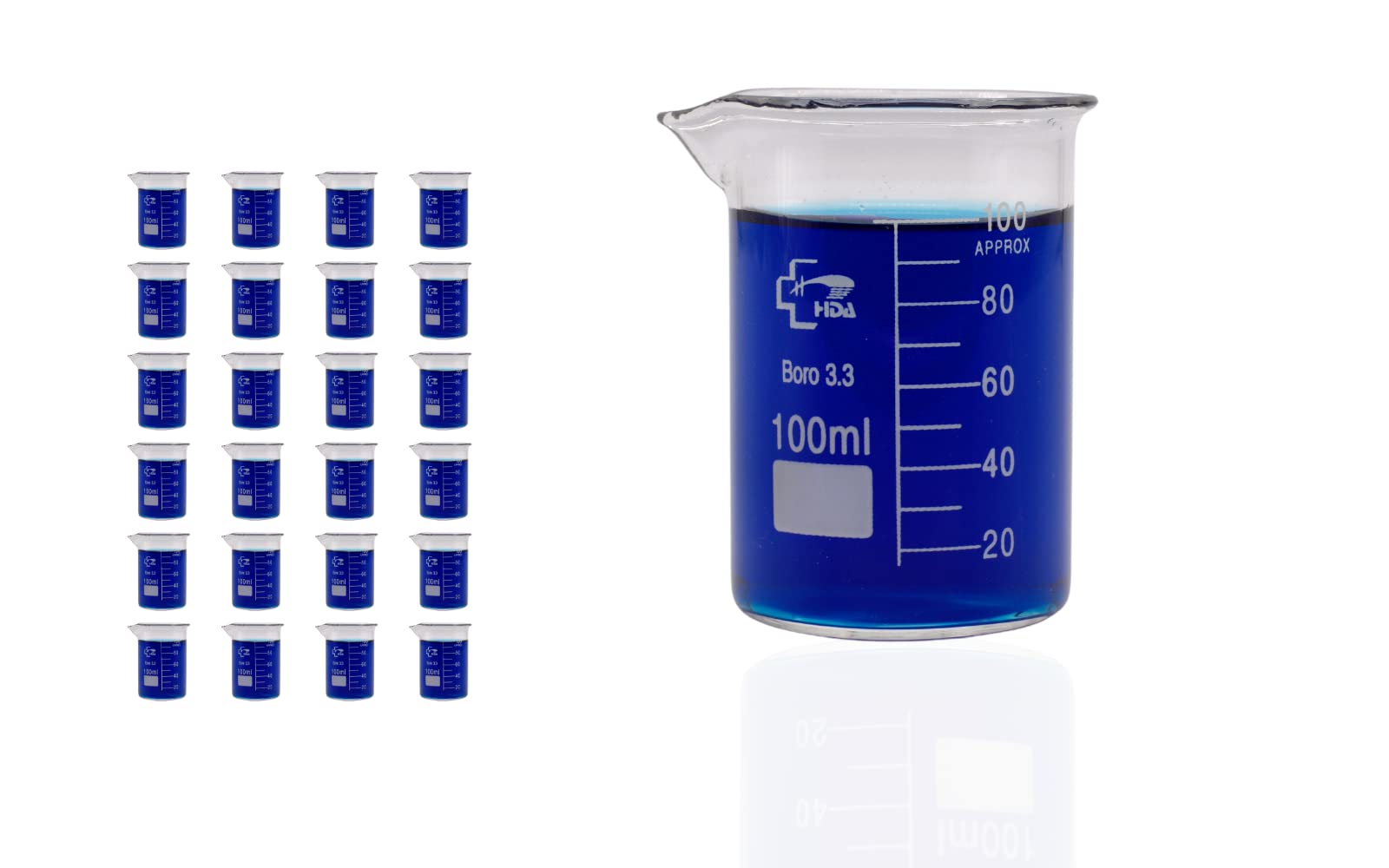 HDA Beaker 100 ml Borosilicate Glass 3.3, Low Form with Spout, White Printed Graduation, Glassware for Laboratories, Classrooms, Experiments (Pack of 24)