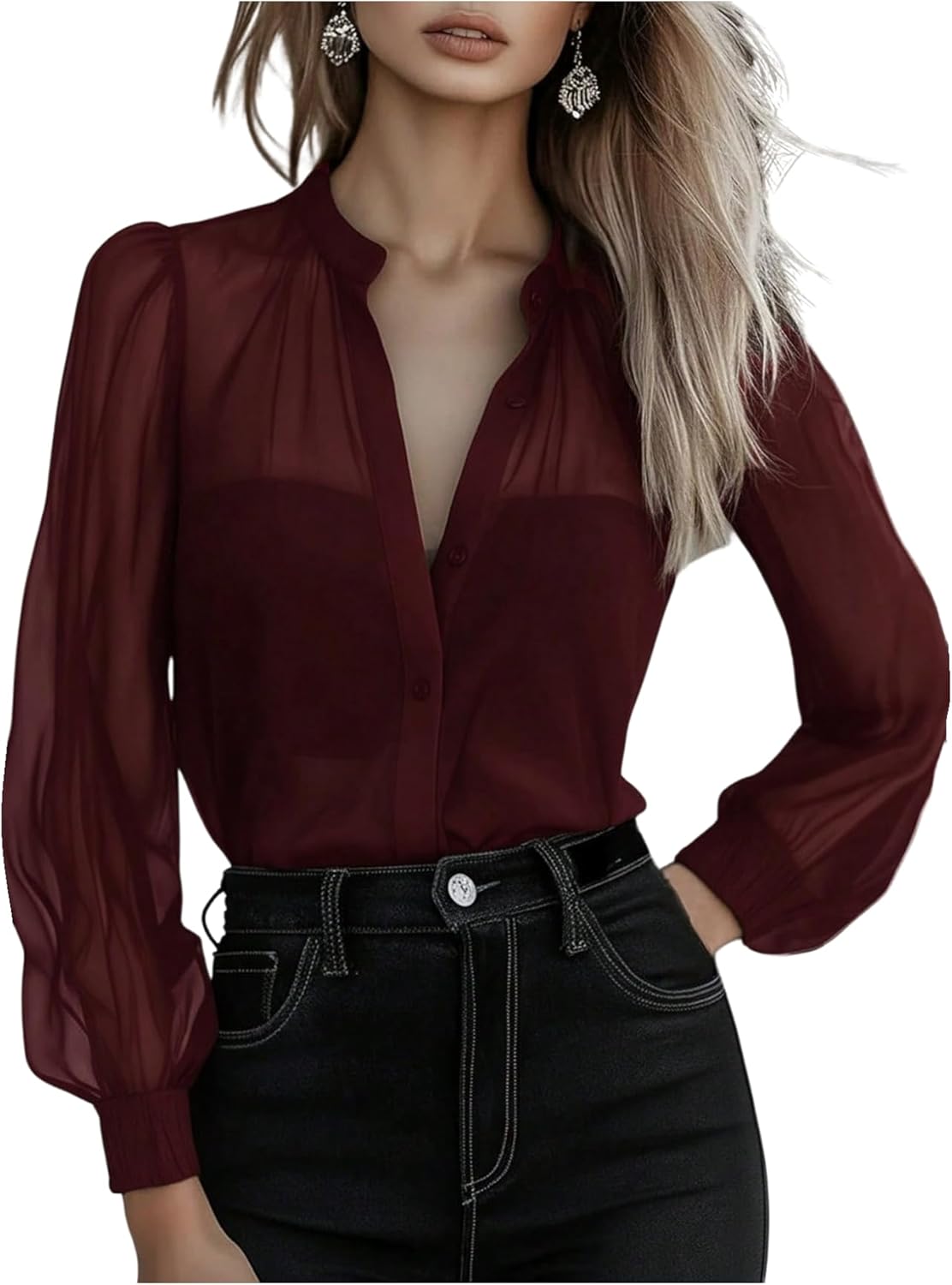 GORGLITTER Women's Sheer Button Up Blouse Tops Dressy Business Casual Fall Mesh Long Sleeve Button Down Work Shirt Top