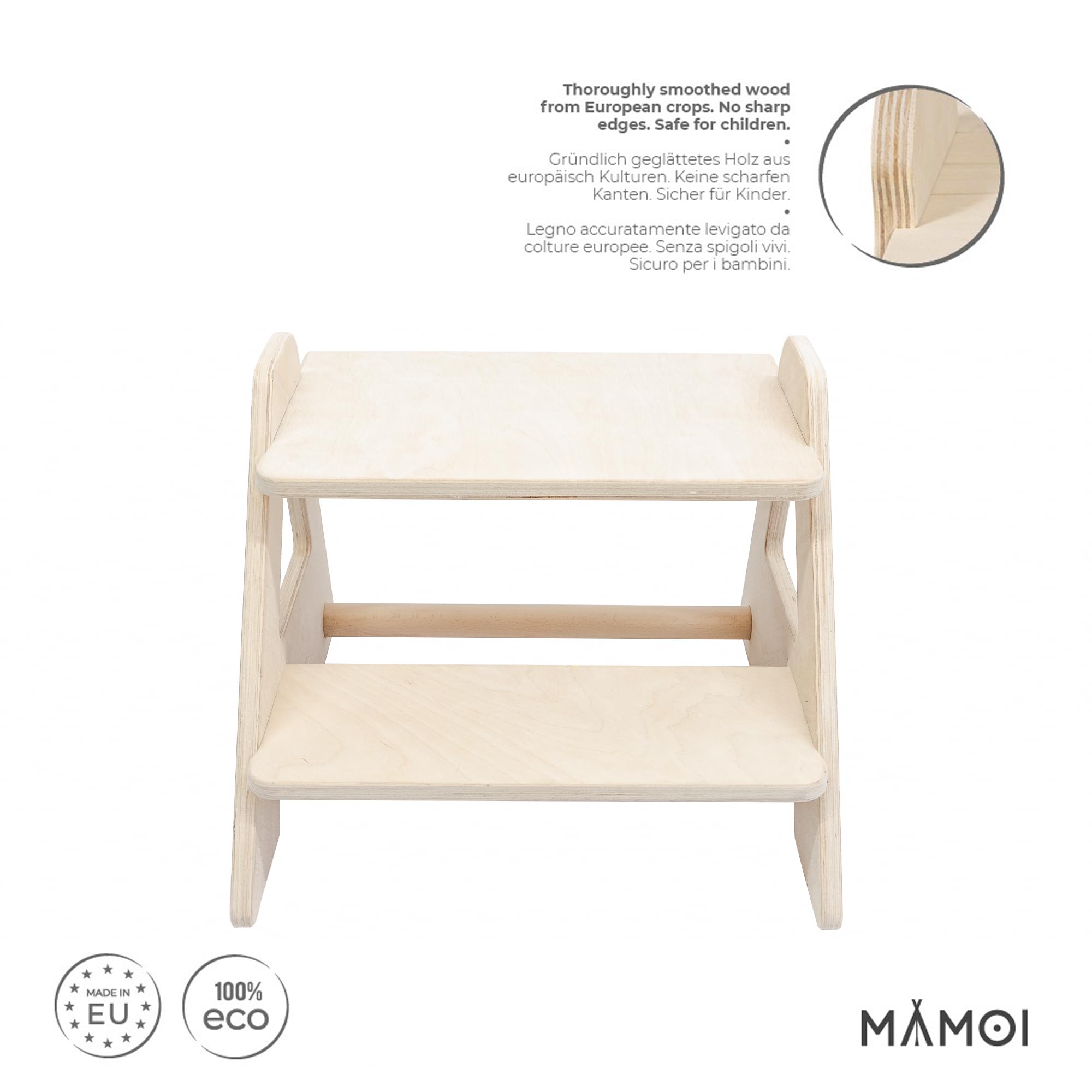MAMOI® Le Tabouret pour Enfants à Deux Niveaux en Bois Nature | Le marchepied Moderne pour Enfants | Le Tabouret pour Enfants sûr et Universel, 2 Niveaux | 100% ECO | Fabriqué en UE