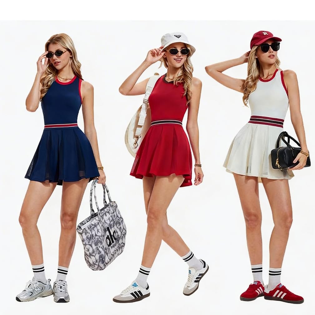 Damen Tennis Kleid mit Integrierter Shorts und BH, Ärmelloses Sportkleid,Atmungsaktiv Schnell Trocknend,Golf Kleid Fitness Workout Sommer Kleid mit Faltenrock