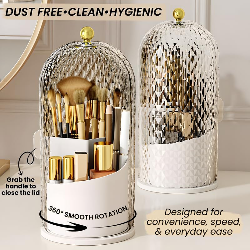 Image of OCEANEVO Cosmetic Makeup Brush Holder with Makeup Sponge, Dustproof Makeup Brush Organiser Stand with 360 Rotatable Lid - 12.5 x 27 Cm - White - Diamond Pattern - 1 Year Warranty