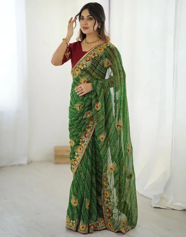 Image of Women's Georgette Bandhani Printed Embroidery Saree with Unstitched Blouse Piece