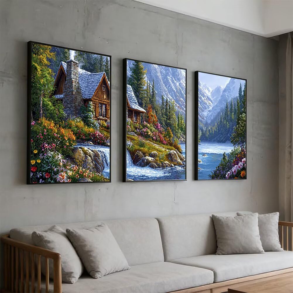 Wandbilder Landschaft 60x80cm, 3Pcs Leinwand Bilder Groß Wanddeko Wohnzimmer, Wald Leinwand Bilder mit Rahmen, Moderne Wandbilder Wohnzimmer Poster Set mit Haken, Wand Deko Schlafzimmer Poster, -1926