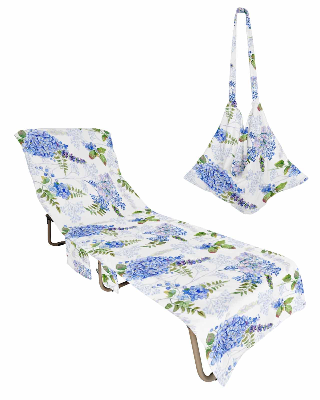 Watercolor Hydrangea Flower Beach Pool Patio Lounge Chaise Chair Cover Towel With Pockets,Absorbent & Quick Dry Microfiber Towel Cover Bag Summer Travel Accessories for Sunbathing Spring Summer Floral
