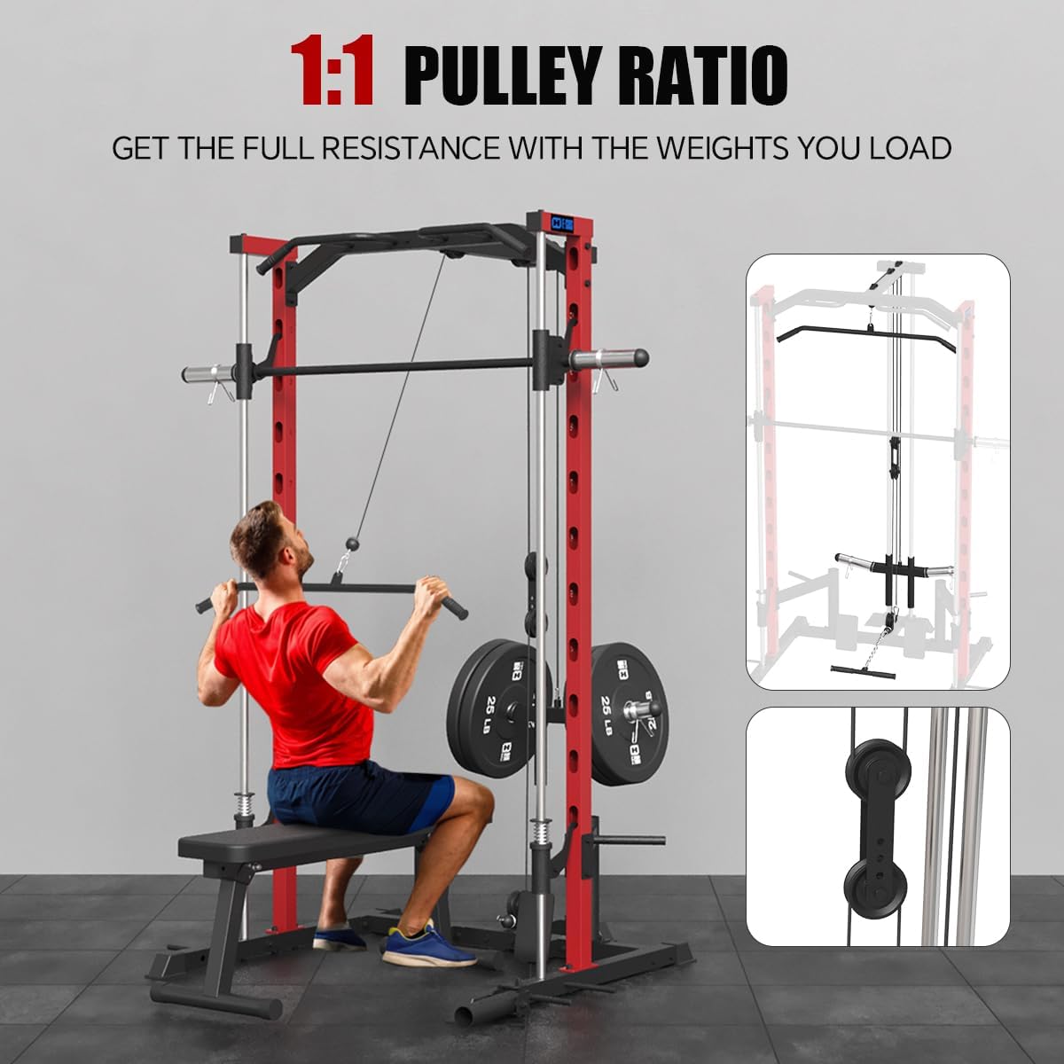 FAGUS Smith Machine Power Rack with LAT-Pull Down System, Landmine, Smith Bar, T-Bar Row Handle, Tricep Rope, Ankle Strap, Plate Storage, Band Pegs and More Training Attachment for Home Gym, Red