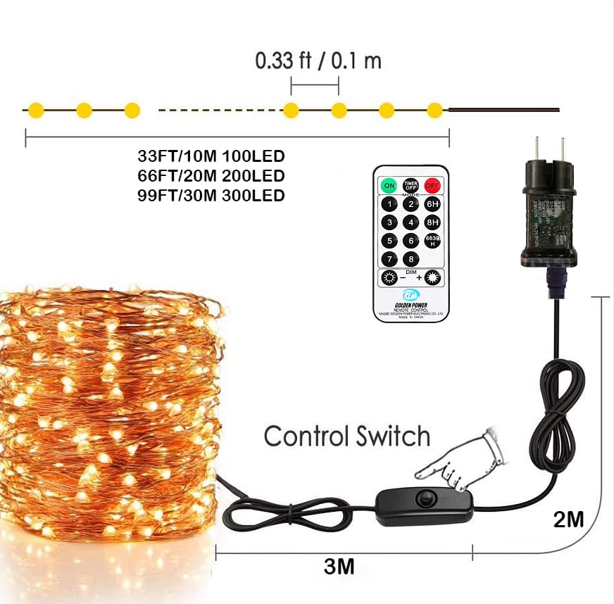 20M LED Lichterkette aus Kupferdraht 200LEDs Warmweiß Lichterkette mit Stecker und Fernbedienung, Wasserdicht IP65, Innen Außen Deko für Weihnachten Hochzeit Garten Party