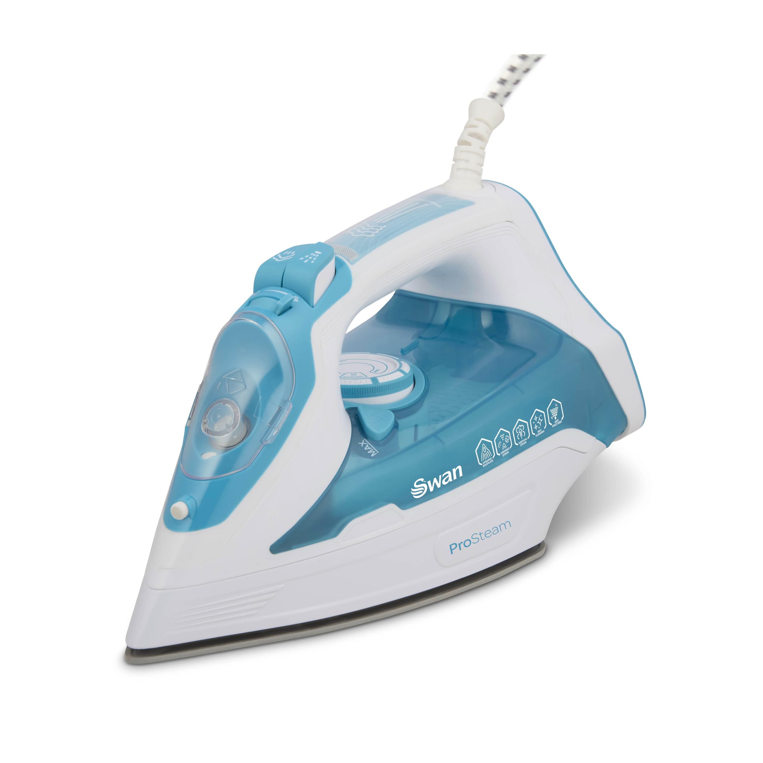 Swan SI12055AQ Steam Iron with Ceramic Soleplate, ProSteam Technology, Anti-Calc, Anti-Drip, Adjustable Temperature Dial and 360 Degree Swivel Cord, 3000W, White and Aqua