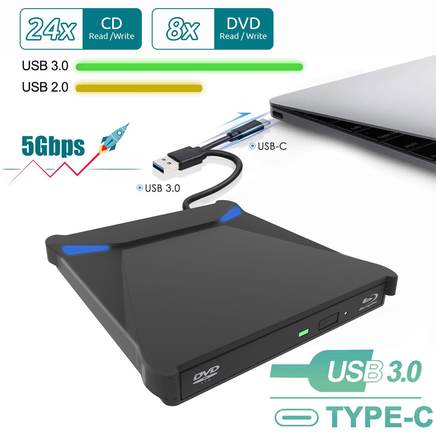Lecteur Blu-Ray Externe, Lecteur Blu Ray Externe Portable USB 3.0 et Type-C Lecteur Blu Ray 3D BD Lecteur CD DVD Drive Player, Slim Optical Bluray Drive Reader pour Windows XP/7/8/10