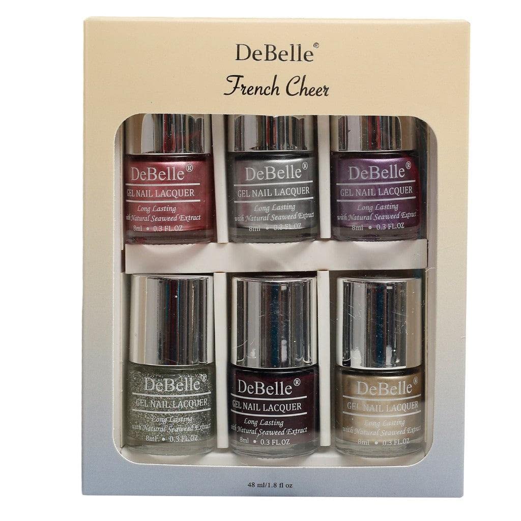 DeBelle French Cheer Multi Finish Nail Polish Gift Set Of 6 Chrome Glaze, Chrome Wine, Chrome Silver, Chrome Gold, Shimmer Top Coat, Glamarous Garnet (8 Ml Each)-image-47