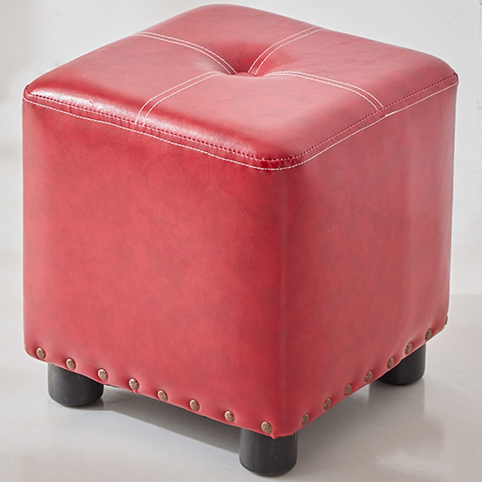 LMMIAOZ Soft Leather Square Ottoman Footrest, Stackable Adult Footstool for Living Room, Portable Padded Seat for Home Bedroom - Deep Wine - 13.8"