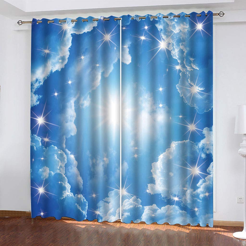 Vorhang Blickdicht Ösenschal Verdunkelungsvorhang 3D Blau-Weißer Sternenhimmel-Traum Muster Gardinen Wohnzimmer Kinderzimmer Thermovorhang Ösenvorhänge 2Er Set Blickdichte Vorhänge 200X214Cm