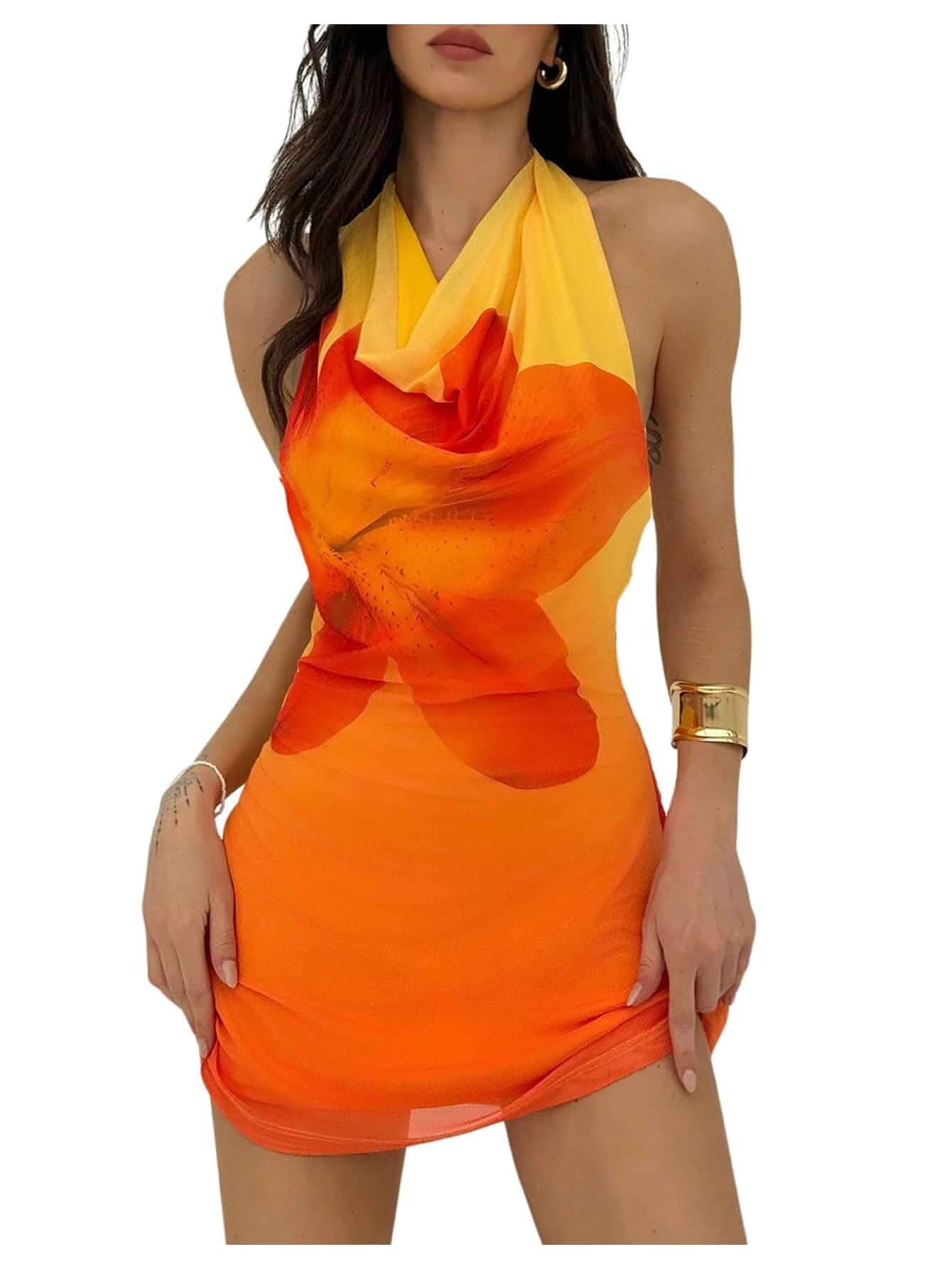 MakeMeChic Women's Floral Halter Dress Backless Cowl Neck Mini Dress Y2K, Sleeveless, Colorful, Open Back, Date Night Outfits, Going Out Dress, Cocktail Dresses