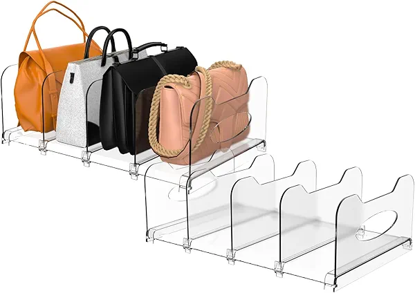 SURETIVIAN 2-Pack Purse Organizers for Closet, Adjustable Small Shelf Divider Rack for Closet, Clear Handbag Storage Organizer, Plastic Bookshelf Separator Divider for Bedroom Living Room Office